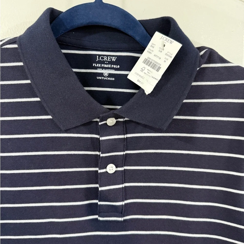 J.Crew Flex Pique Polo Shirt Men Medium Navy White Stripe Stretch Cotton NWT